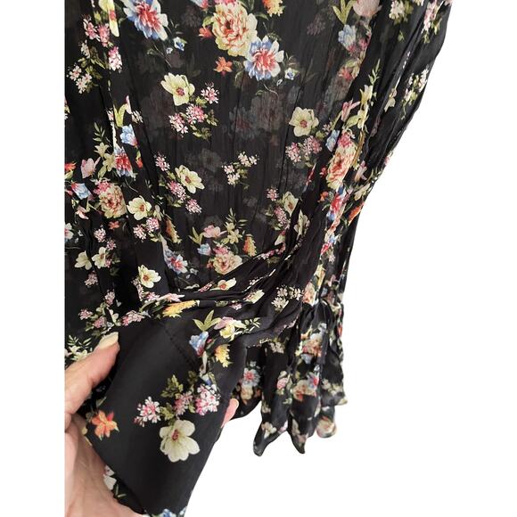 Zara Woman L Black Floral Mini Dress Flowy Asymmetric Ruffle Delicate Whimsygoth - Picture 5 of 8